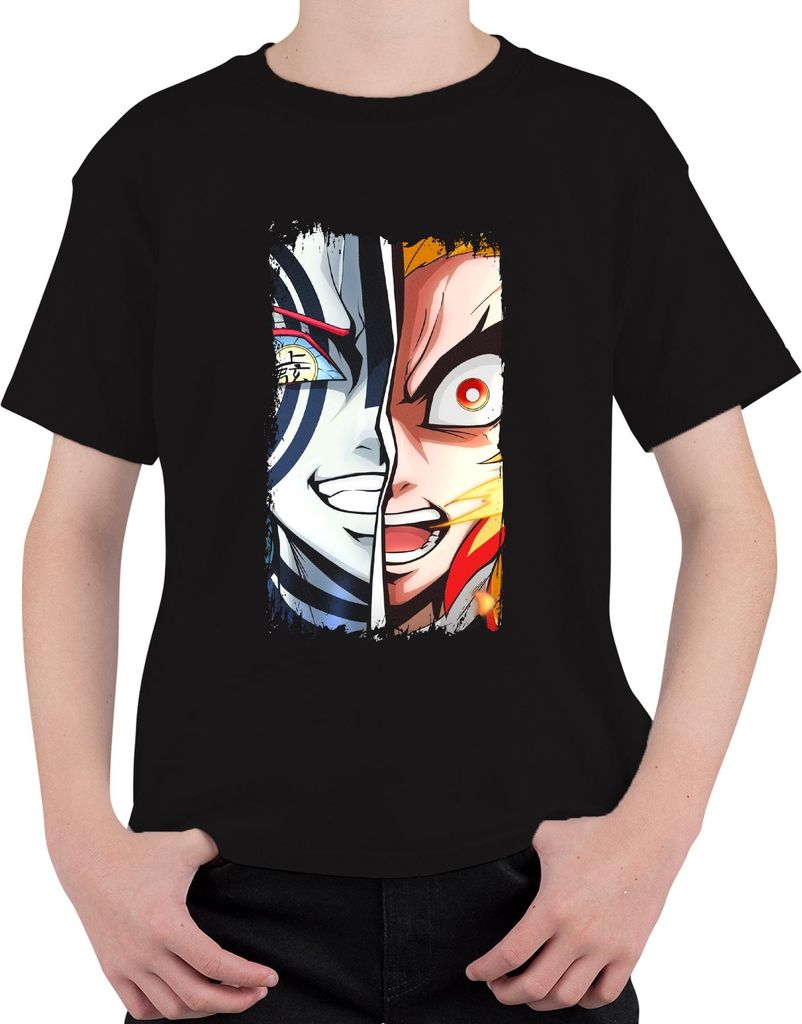 Rengoku Akaza Halbgesicht Feuer Dämon Anime Vintage Anime Manga Uni Kinder T-Shirt, Schwarz, 104