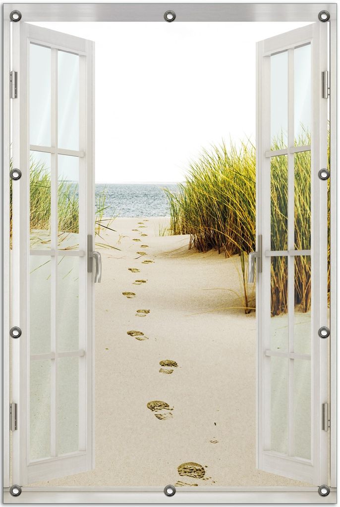 Wallario Outdoor-Poster für Garten oder Balkon 80 x 120 cm: Spuren im Sand- Fußspuren durch die Düne zum Meer