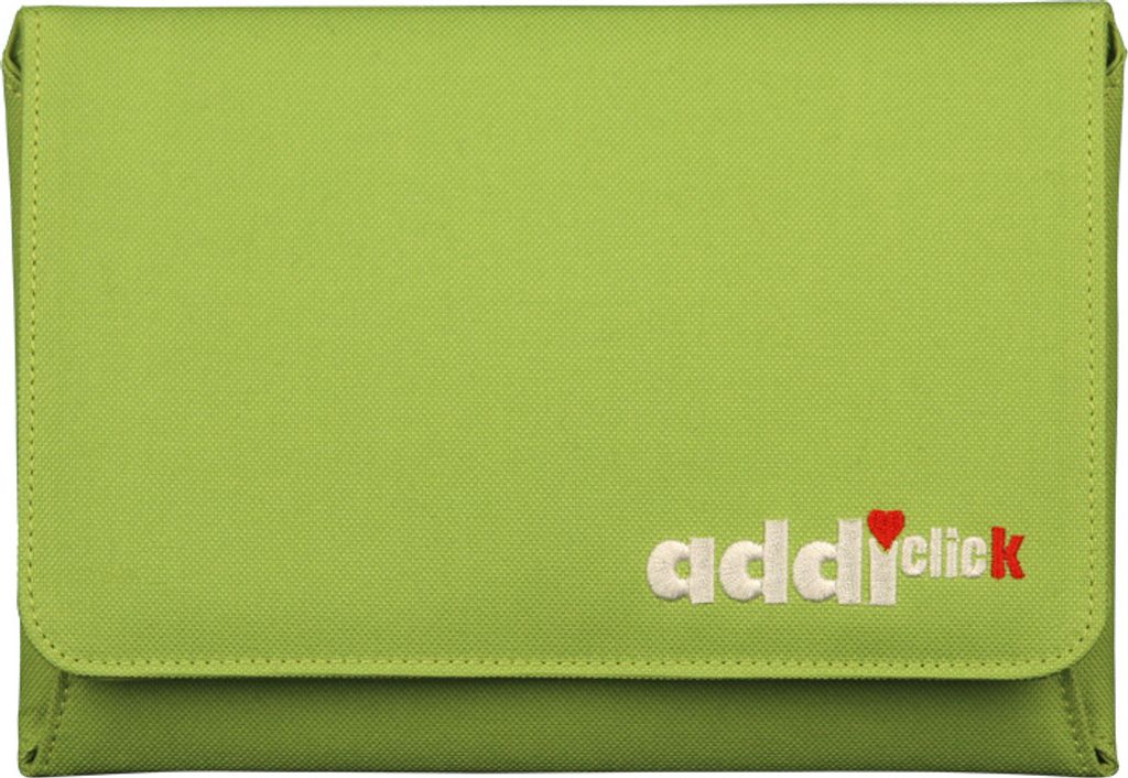 A green fabric case with the brand name 'addi click' embroidered on it.