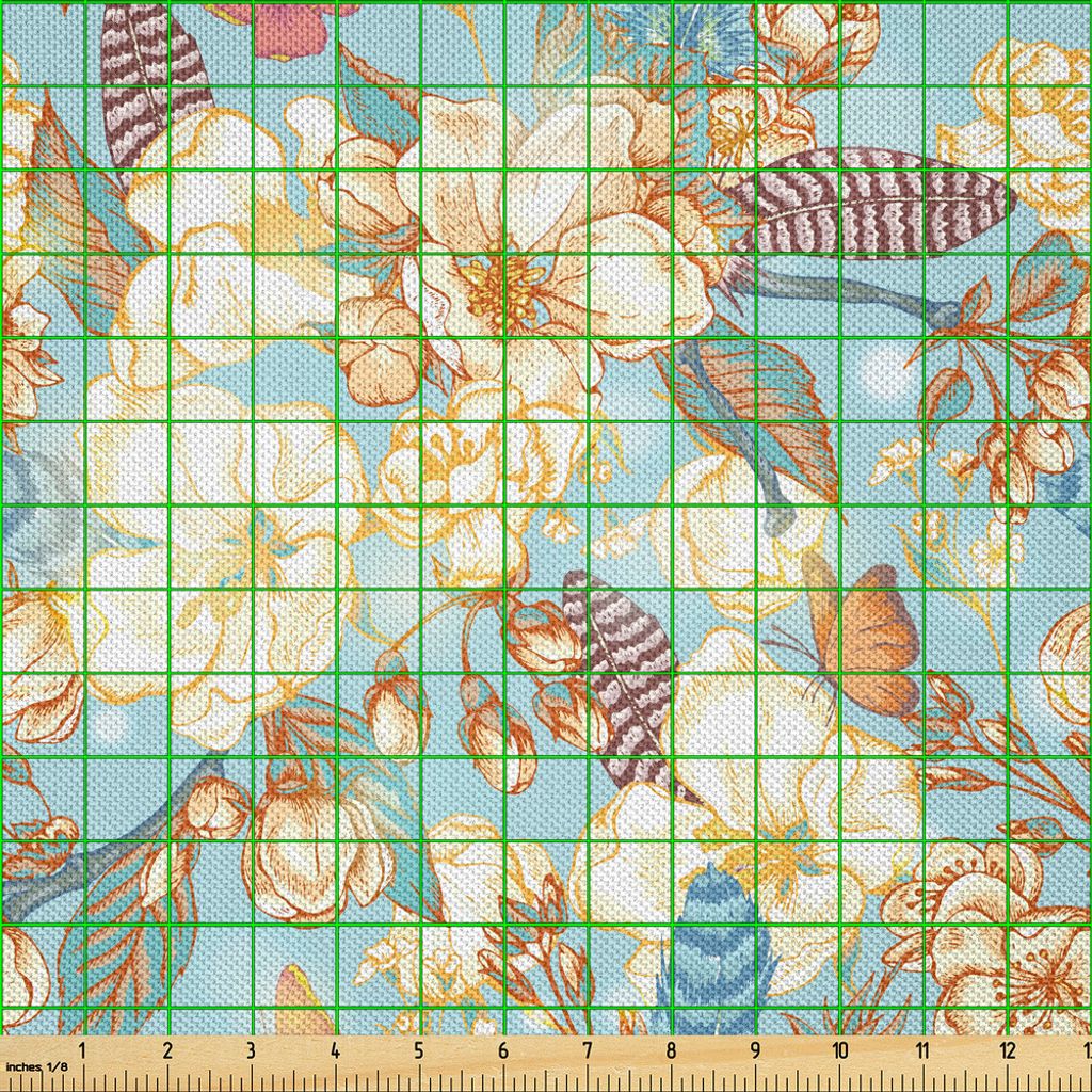 ABAKUHAUS Shabby Flora Satin Stoff als Meterware, Weinlese-Garten-Frühlings-Saison-nahtloses Bild blüht Blatt-Bild, 1 M (148 x 100 cm), Baby Blue...