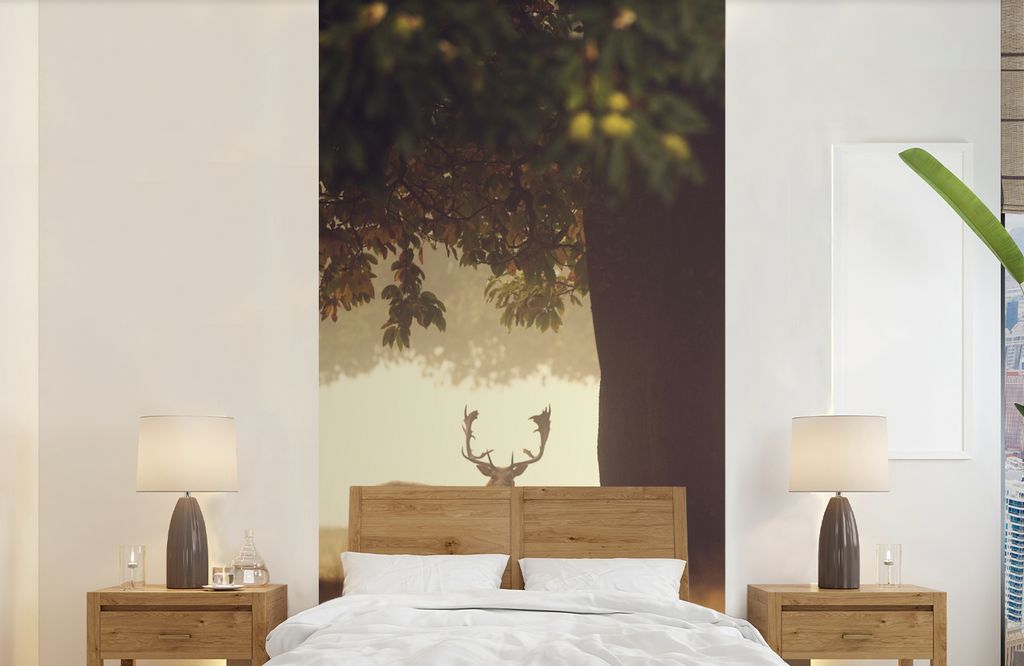 MuchoWow Fototapete für Wohnzimmer oder Schlafzimmer Wandtapete Vinyl Motivtapete Hirsche - Bäume - Wald - 120x240 cm - Hintergrundbild