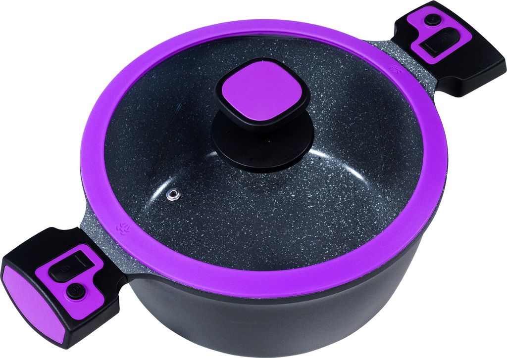 A top-down view of a cooking pot with a glass lid.