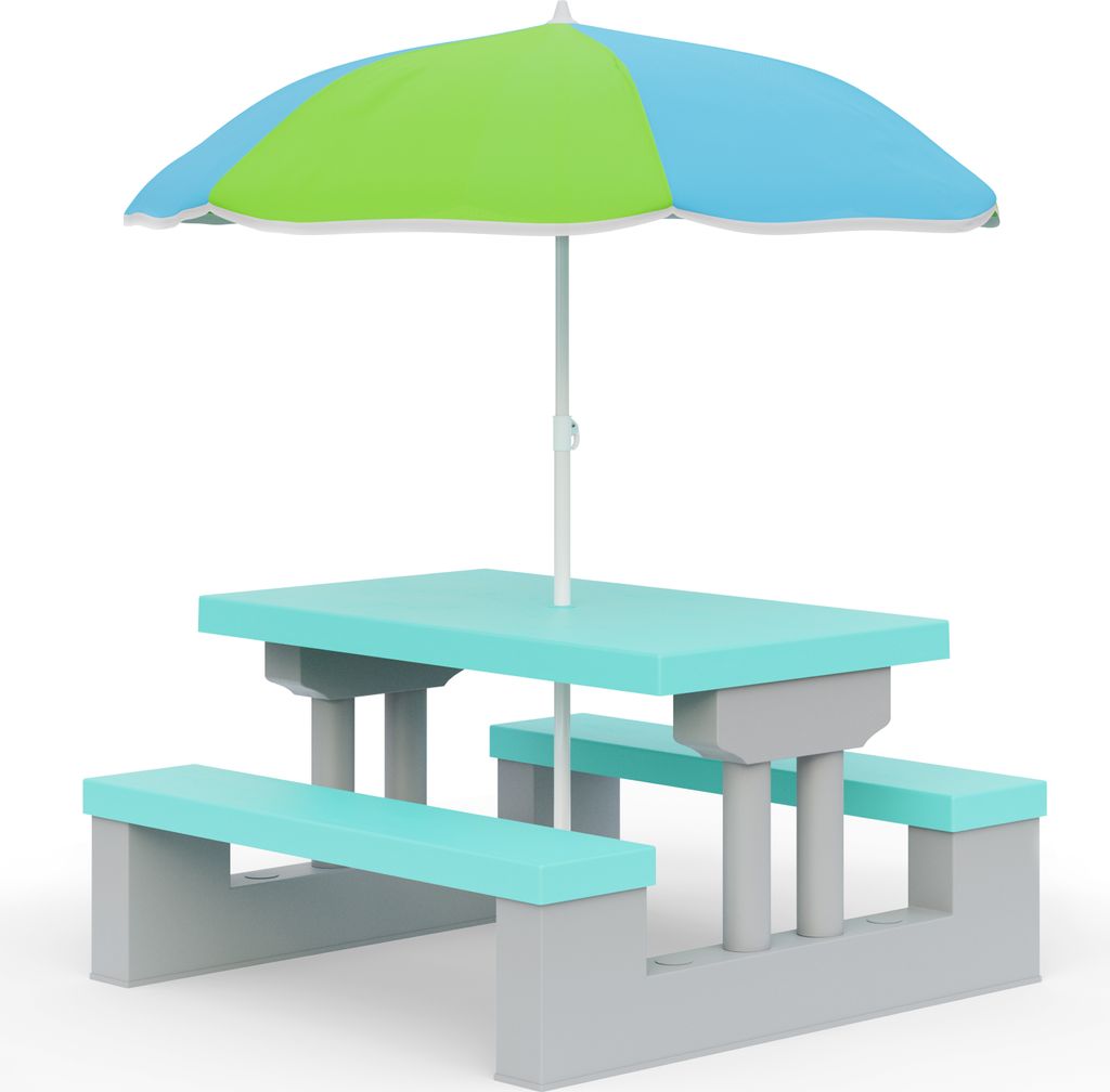 A children's picnic table with an umbrella.