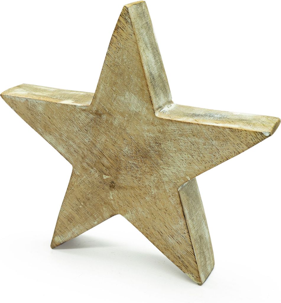 A wooden star decoration on a white background.
