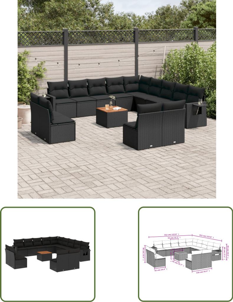 The Living Store 14-tlg. Garten-Sofagarnitur mit Kissen Schwarz Poly Rattan