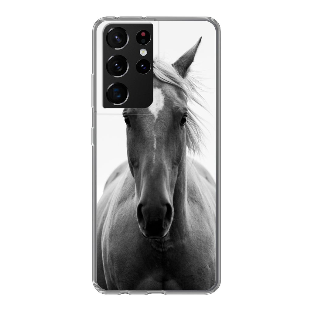 MuchoWow Handyhülle Schutzhülle Hülle für Samsung Galaxy S21 Ultra Pferd - Tier - Schwarz - Weiß Silikon Softcase Handy Hülle - Mobiltelefon