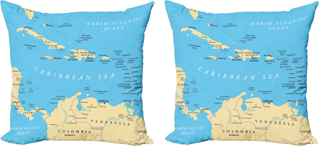 ABAKUHAUS Fernweh Kissenbezug Set (2Stück), Karibik Capitals Karte, doppelseitiges Digitaldruckdekor mit Reißverschluss, 50 cm, blau Elfenbein