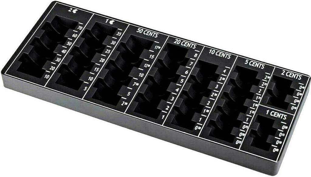 A black coin sorting tray with compartments for different coin denominations.
