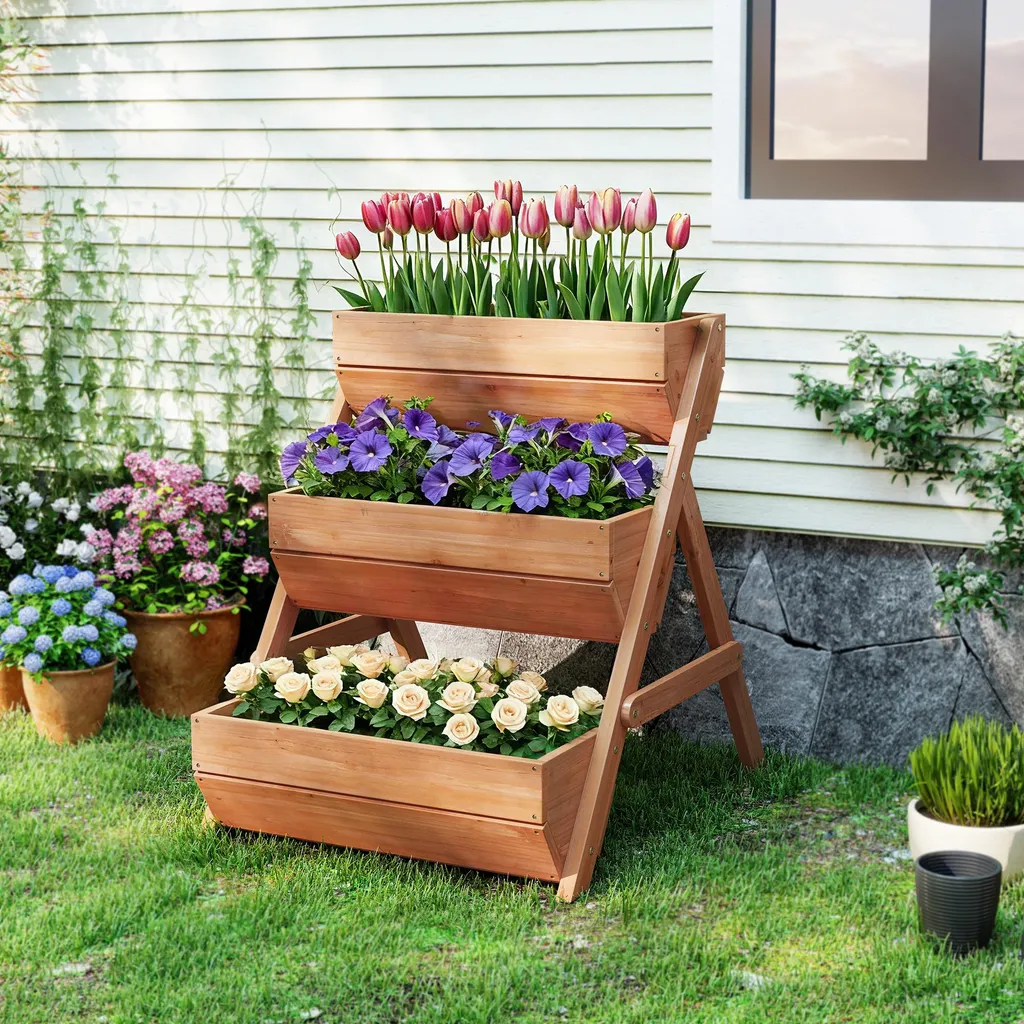 Potager vertical bois 3 étages pour herbes aromatiques - Bac 66 L - 4