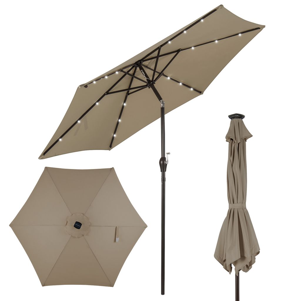 A collection of images showing a tan patio umbrella in different states: fully open, folded, and a top-down view of the canopy.