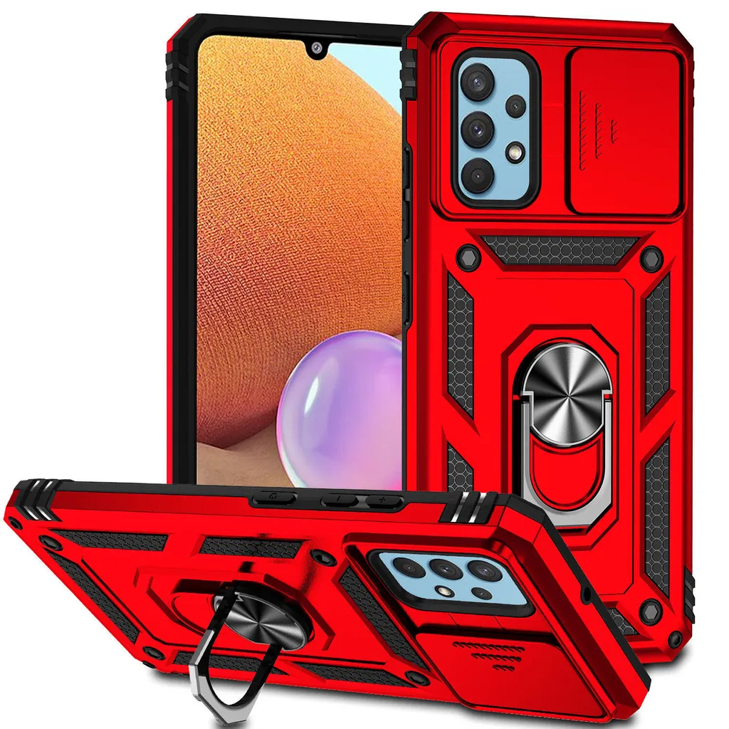 Custodia per Samsung Galaxy A32 4G a doppio strato con copertura scorrevole della fotocamera e supporto ad anello rosso