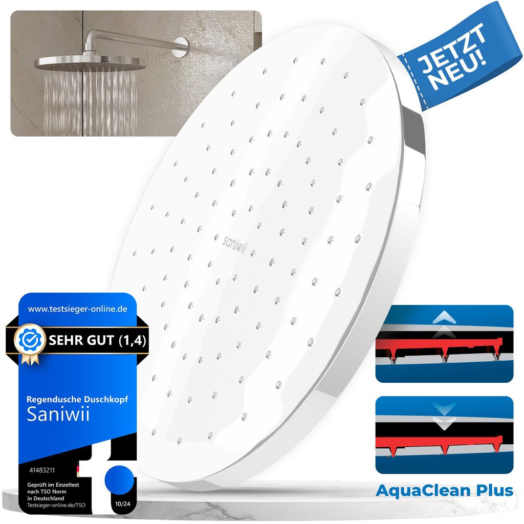 A white shower head is shown with marketing overlays and diagrams.