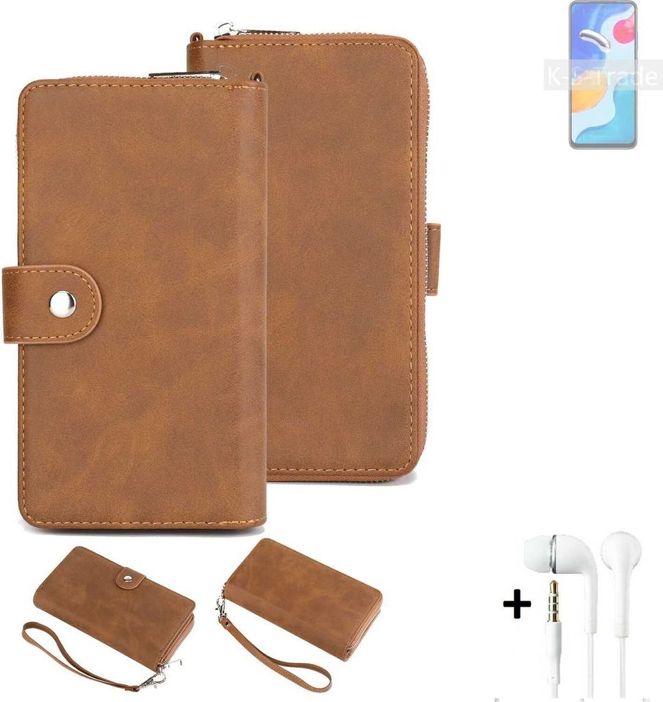 K-S-Trade Handy Schutz Hülle kompatibel mit Xiaomi Redmi Note 11S Global + Kopfhörer Portemonnee Tasche Wallet-Case Bookstyle-Etui braun (1x)