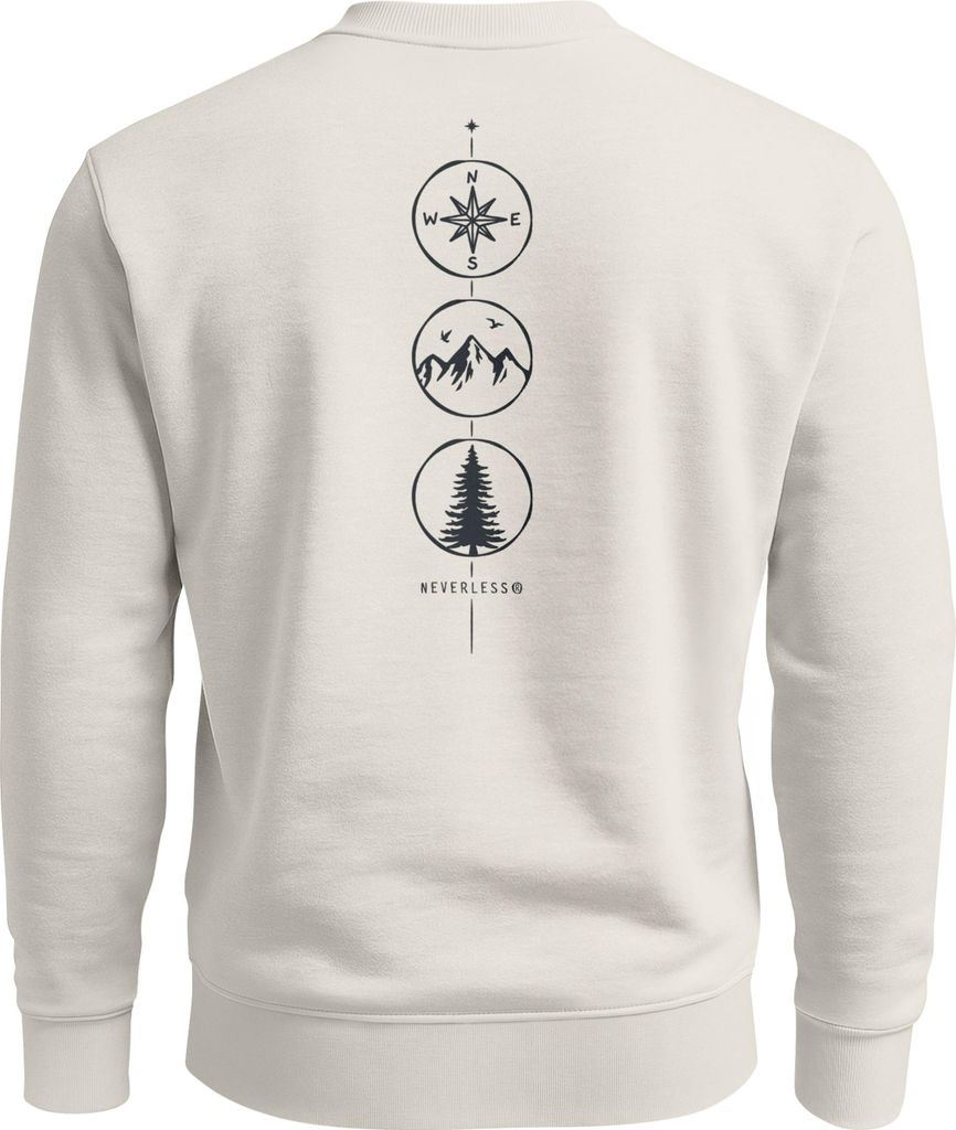 Sweatshirt Herren Pullover Backprint Vertikale Symbole | Kompass | Berge | Baum Outdoor Fashion Streetwear Neverless