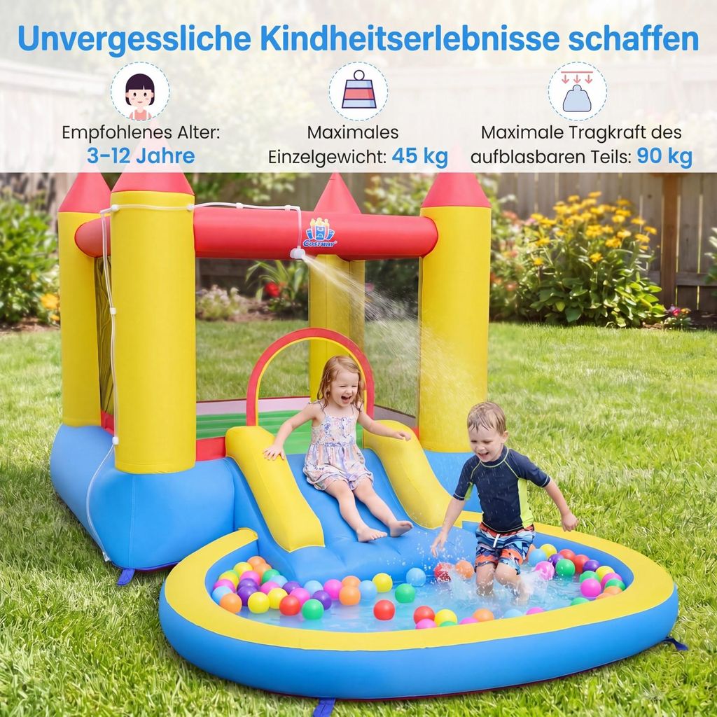 Château gonflable COSTWAY, dimensions 362 x 196,5 x 193 cm, avec toboggan, zone de saut et piscine à eau, idéal pour les enfants, utilisable en