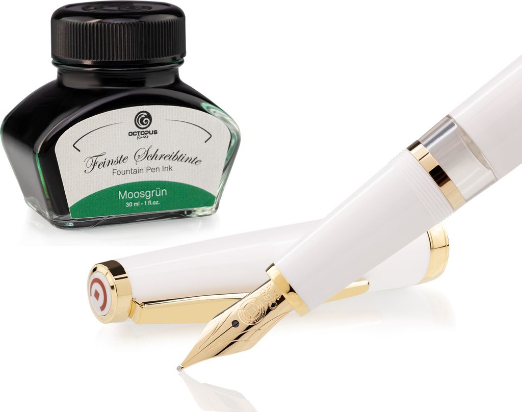 Füllhalter Set Cleo Skribent Classic Gold Weiß, Kolben-Füllhalter und 30 ml Tinte Grün