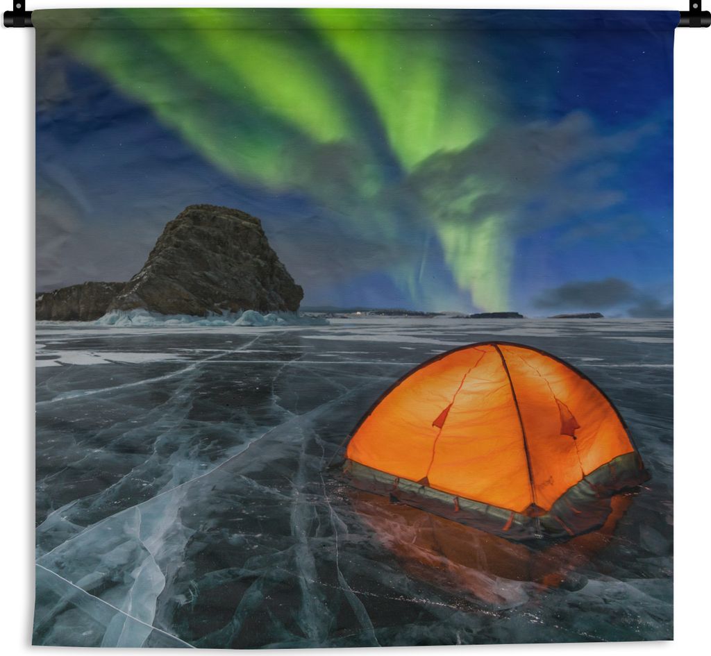 MuchoWow Wandteppich Wandbehang Nordlichter - Zelt - Eis - Skandinavien 60x60 cm Tapisserie Dekoration Wandtuch - Dekorationen - Wand Decke