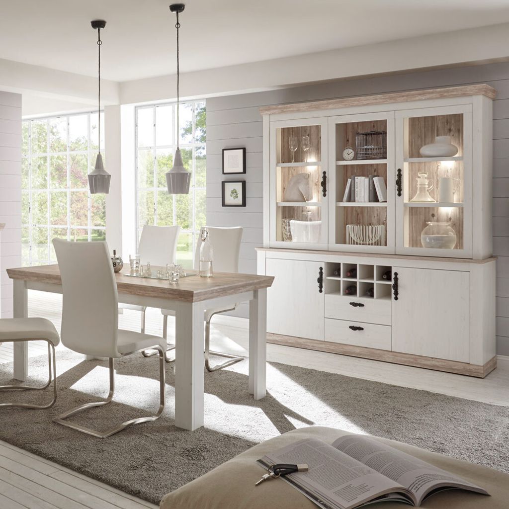 Buffetschrank und Esstisch Set im Landhaus-Stil FERNA-61 in Pinie weiß und Oslo dunkel Nb.