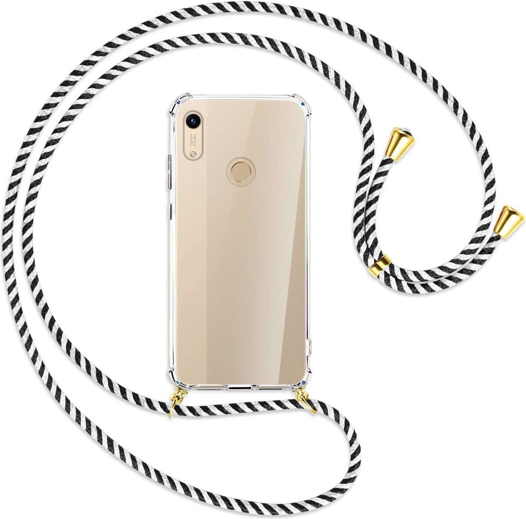 Handykette Backcover-Schutzhülle mit Band (Metall goldfarben) für Honor 8A / Huawei Y6s 2019 - schwarz/weiß gestreift