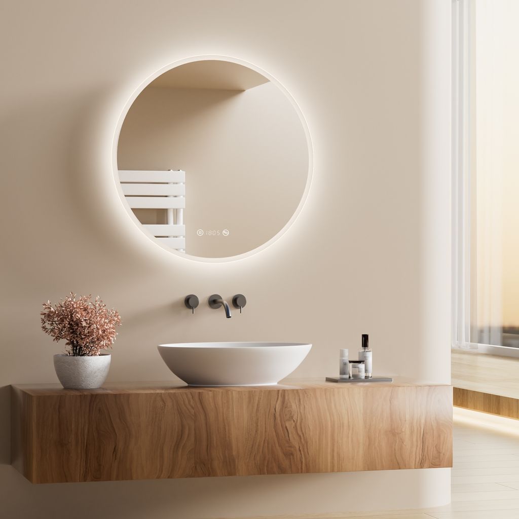 Heilmetz Badspiegel 60cm LED Rund Spiegel mit Beleuchtung Multifunktional Badezimmerspiegel Touchschalte+Beschlagfrei+Uhr