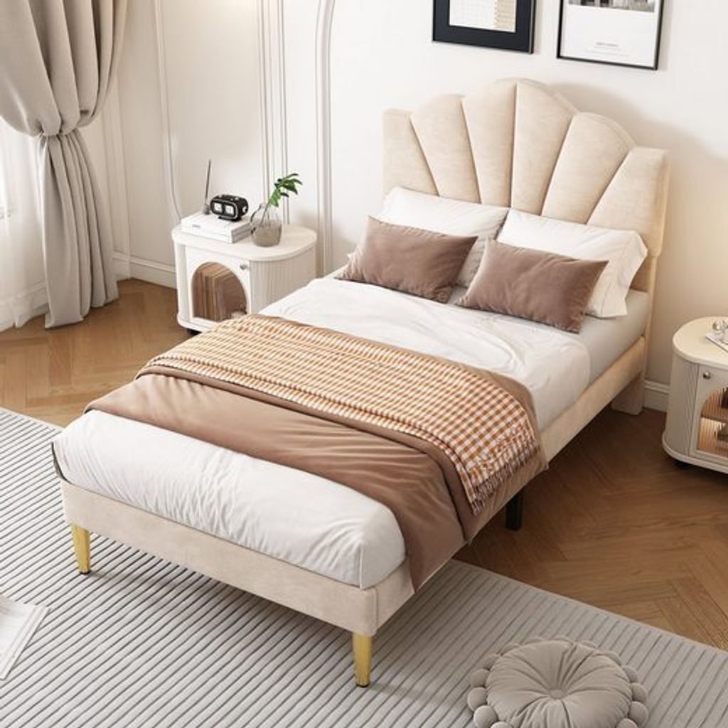 Odikalo Polsterbett Muschel Bett Lattenrost Polsterbank Stauraum Samt 90*200 Beige