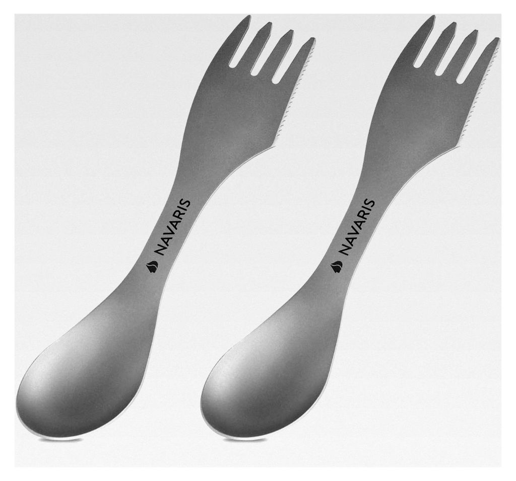 3in1 Titan Campingbesteck 2er Set - 2 x Outdoor Göffel Spork - Messer, Löffel, Gabel inkl. Tasche - Essbesteck Kombination - Reisebesteck in Grau