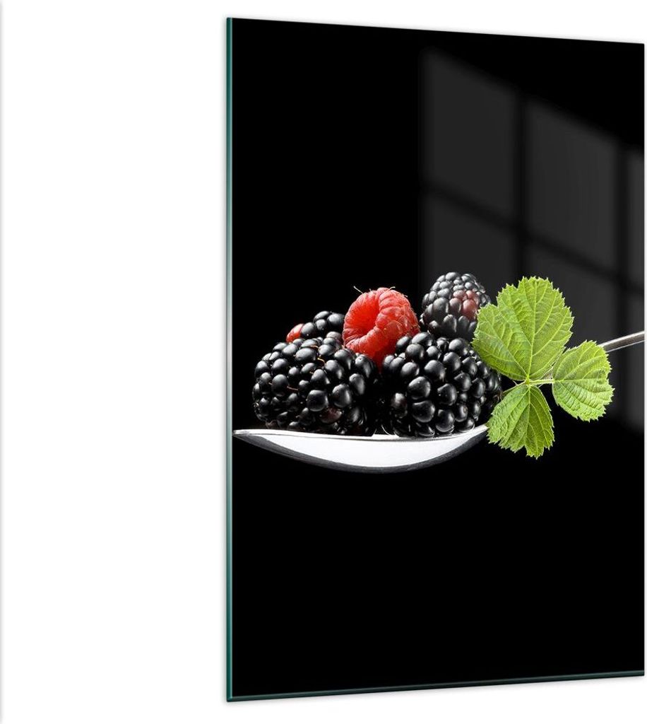 Bilder auf glas - Einteilig - Löffel Himbeere Brombeere Frucht - 80x120cm - Glasbilder - Wandbilder - Bilder - Wanddekoration aus Glas - Glas Bild...