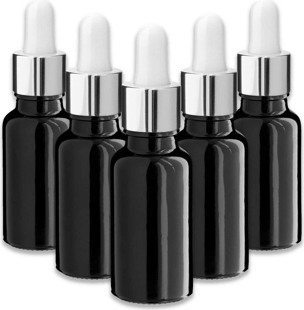 5x Schwarze Glasflasche 20 ml mit silberner Pipette – Kosmetikflasche