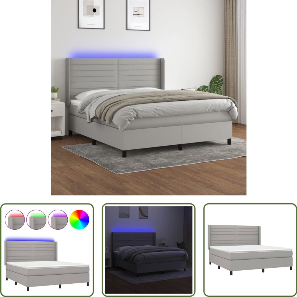 The Living Store Boxspringbett mit Matratze & LED Hellgrau 180x200 cm Stoff