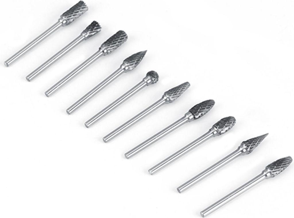 10-teiliges Set rotierender Feilen aus Wolframkarbidstahl, 3 mm Schaft, 6 mm Schneiddurchmesser, Doppelschnitt