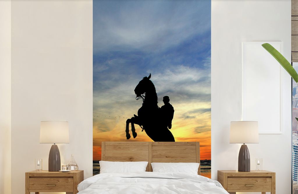 MuchoWow Fototapete für Wohnzimmer oder Schlafzimmer Wandtapete Vinyl Motivtapete Pferd - Himmel - Schatten - 120x240 cm - Hintergrundbild