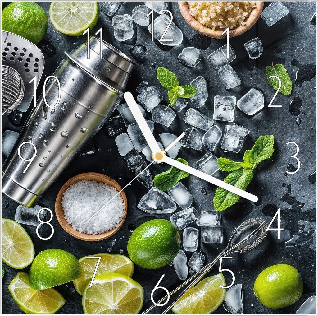 Wanduhr aus Glas mit Motiv Cocktail Zutaten- 30 x 30 cm - inkl. Aufhängesystem