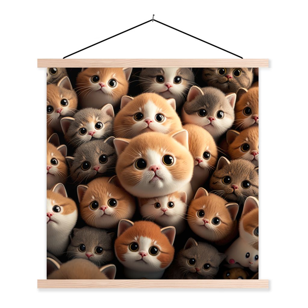 MuchoWow Textilposter Katzen - Haustiere - Kätzchen - Design - Jungen - Mädchen 120x120 cm mit holzfarbenen Rahmen - Textil-Poster