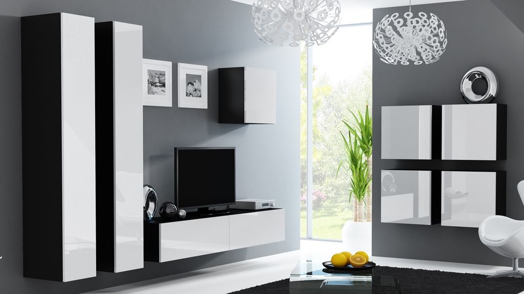 Wohnwand Medienwand Anbauwand VIGO 24C schwarz / weiß Hochglanz Breite 260cm Hängeschränke TV Lowboard