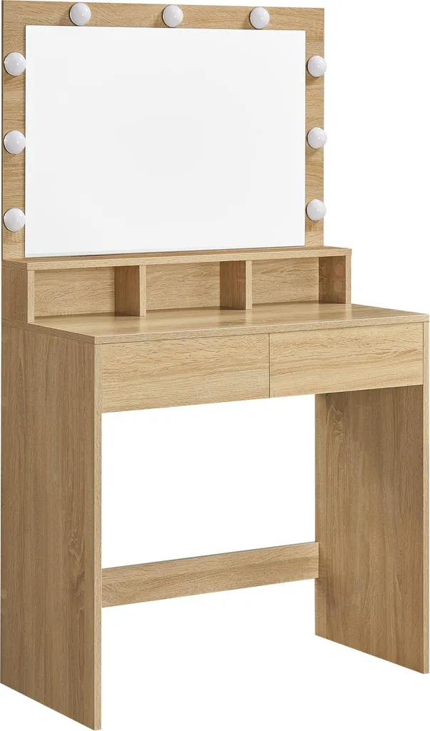 Table de maquillage LED Chêne Sonoma avec 2 tiroirs et 3 niches - 140cm