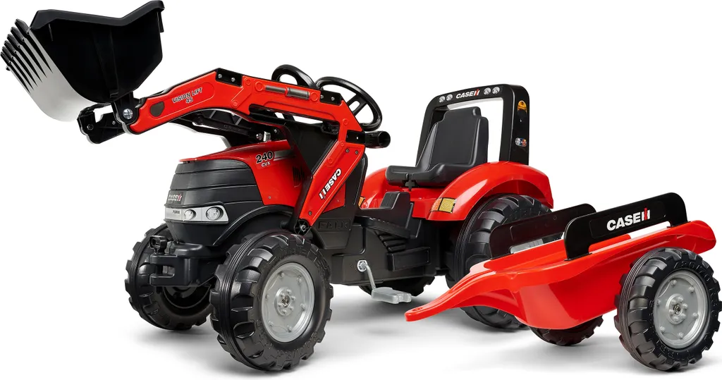 Tracteur à pédales Falk rouge avec pelle frontale et remorque pour enfant