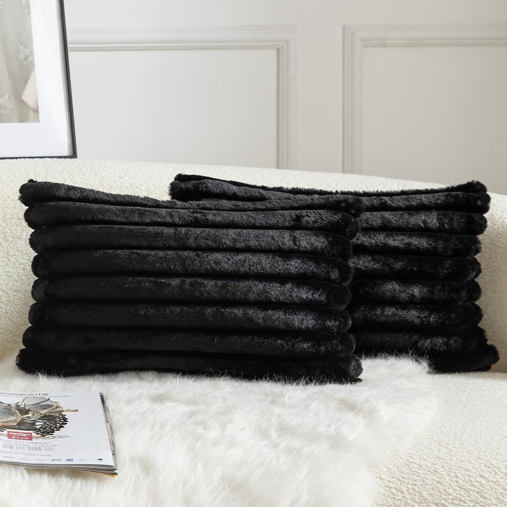 Set mit 2 gestreiften Kissenbezügen aus Kunstfell, superweich, flauschig, modern, dekorativ für Sofa, Wohnzimmer, Schlafzimmer, 30 x 50 cm, schwarz