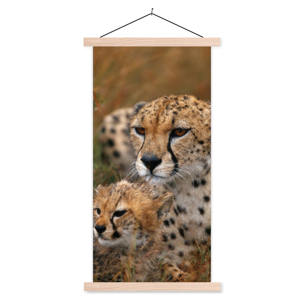 MuchoWow Textilposter Geparden sitzen zusammen 40x80 cm mit holzfarbenen Rahmen - Wohnzimmer
