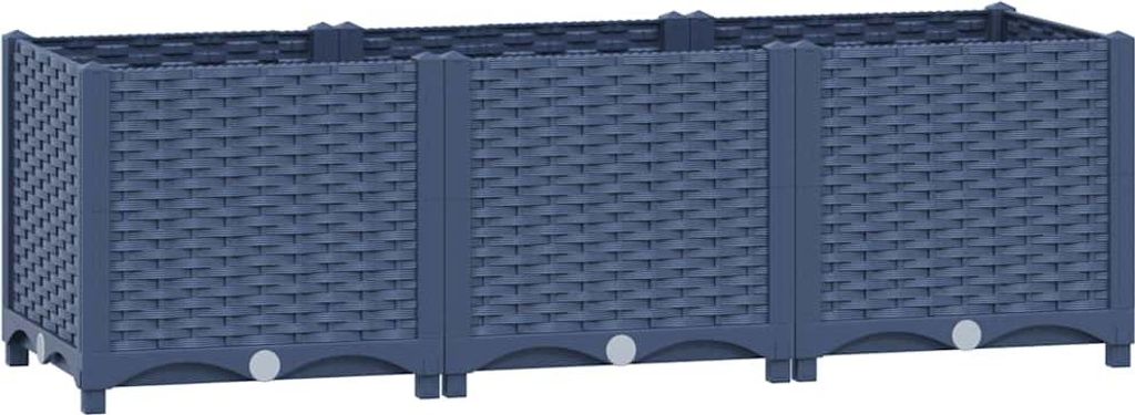 A dark blue, woven-textured raised garden bed with three sections, shown from the front.