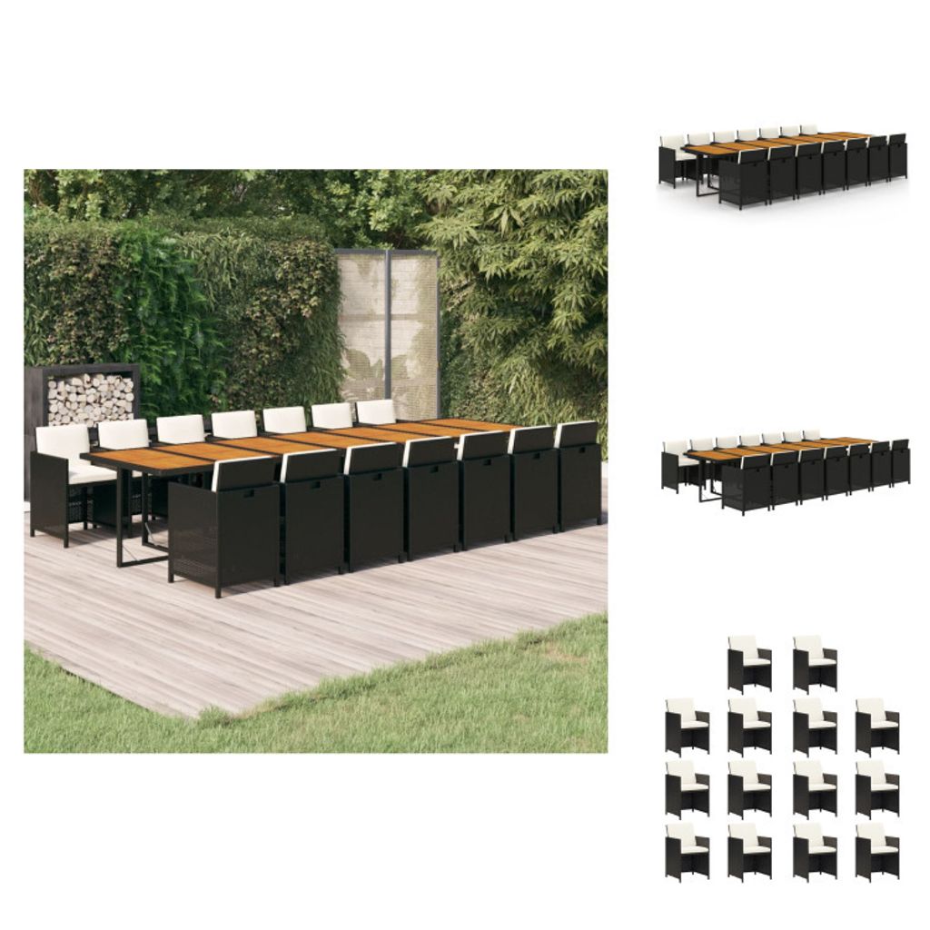vidaXL 15-tlg. Garten-Essgruppe mit Kissen Schwarz Poly Rattan - Gartenmöbel-Sets