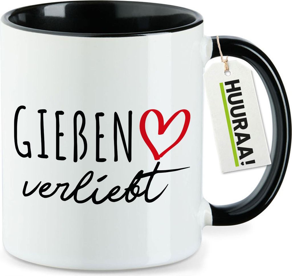 Huuraa Kaffeetasse Gießen verliebt 330ml Schwarz Keramik Kaffeebecher Geschenkidee