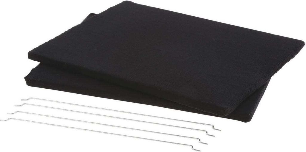 Two black rectangular filters and four metal rods on a white background.