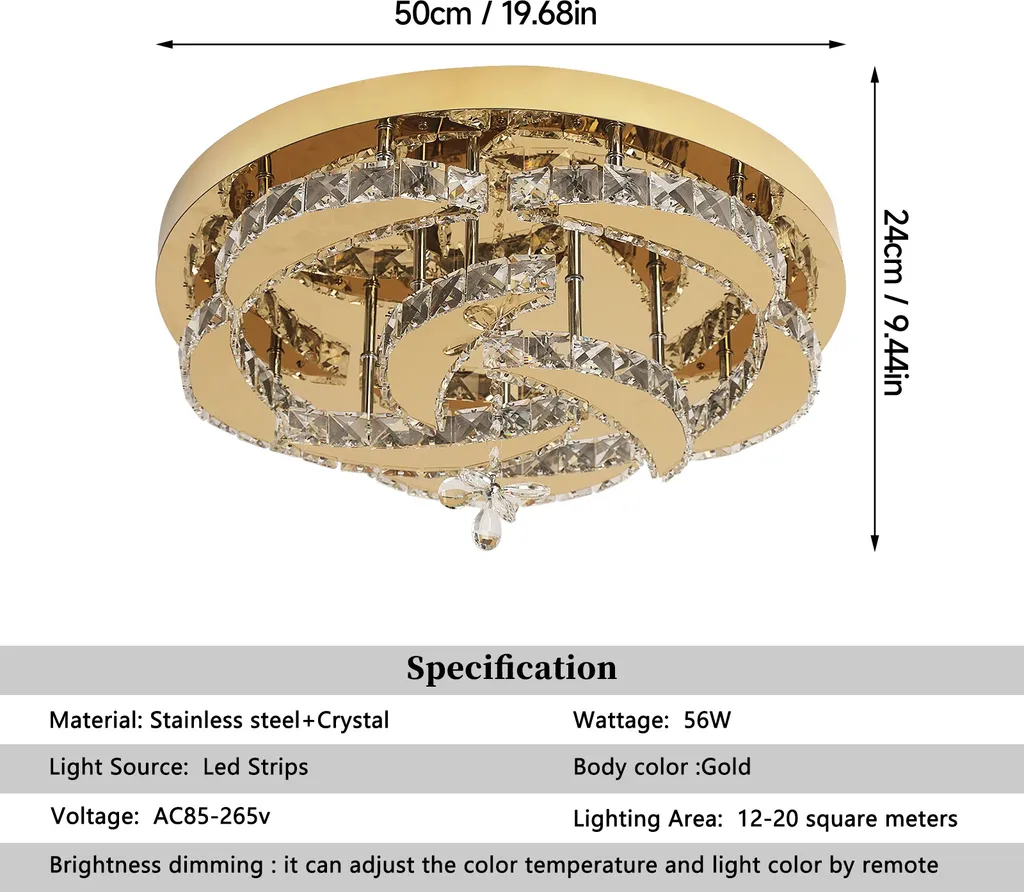 Plafonnier LED Cristal 56W Modèle B Or avec Télécommande Dimmable - 2