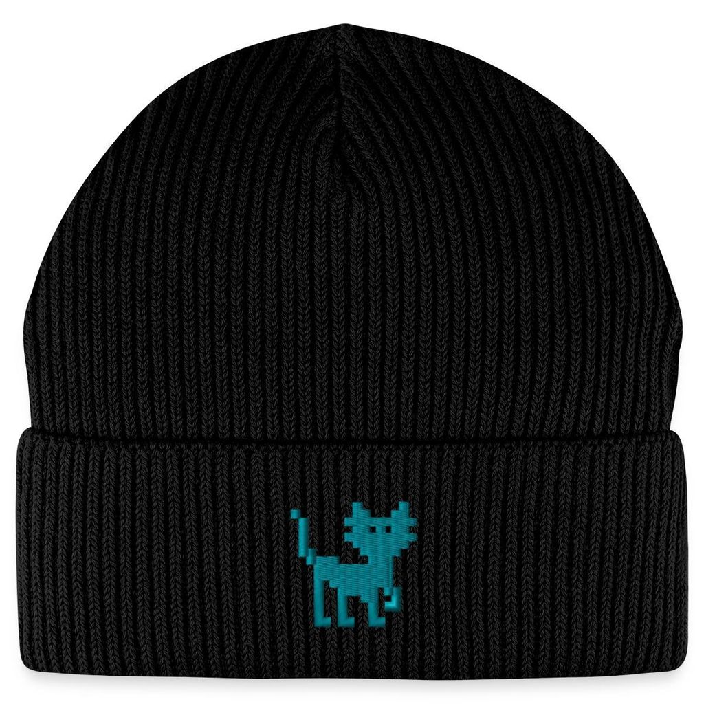 Spreadshirt Pixel Katze | Katze Bestickt Fisherman Beanie Bio Mütze, One size, Schwarz