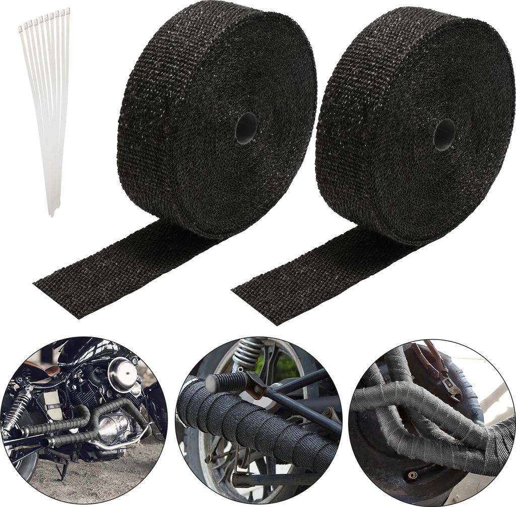 Aopunly 2x 15M Titan Hitzeschutzband Auspuffband Auspuff Band Krümmer Band mit 24 Metallkabelbinder für Auspuffanlagen, Isolierband Hitzeschutz