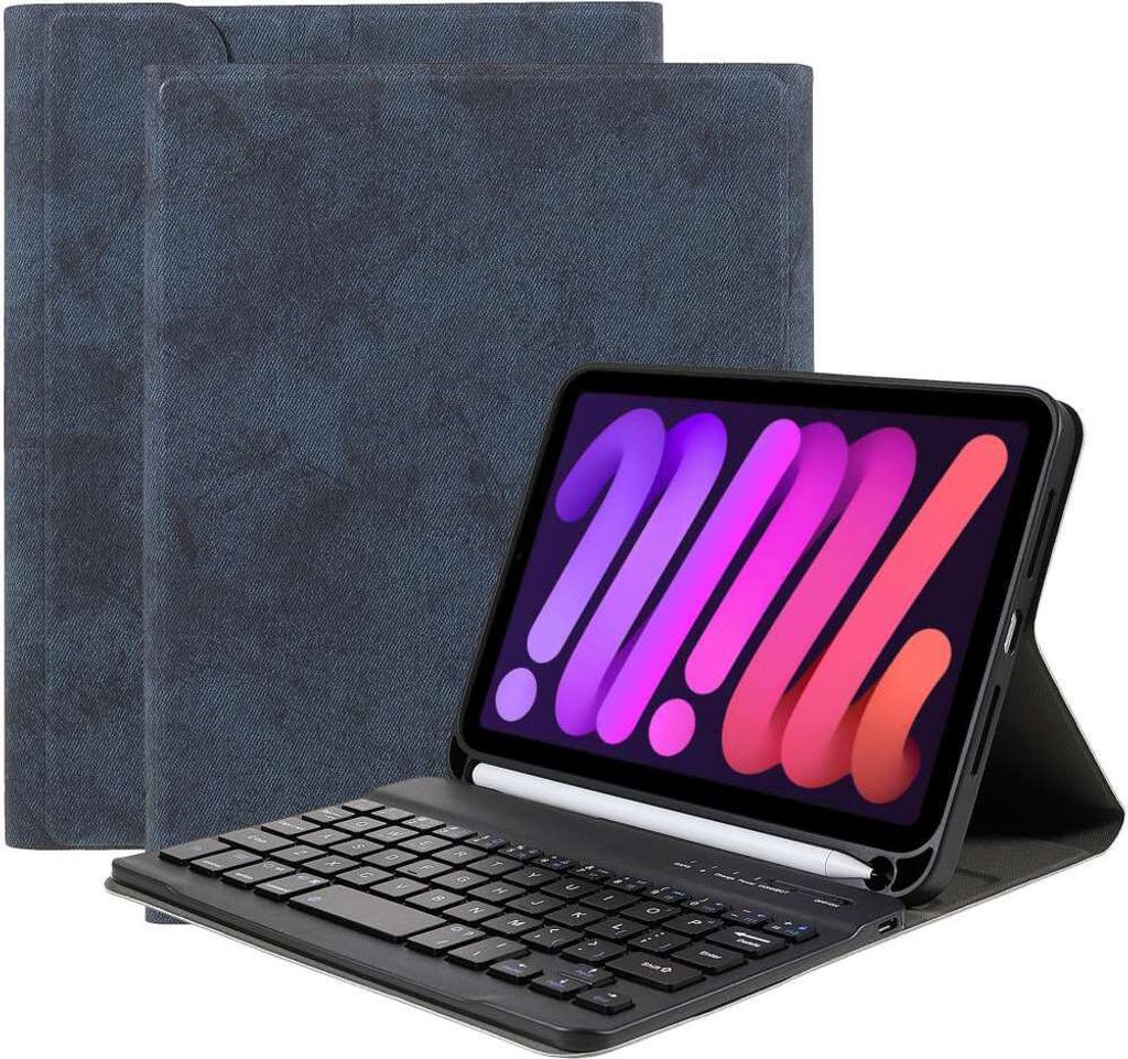 Just in Case Vintage Bluetooth-Tastaturabdeckung QWERTZ-Hülle Kompatibel mit iPad mini 6 (2021) & iPad mini 7 (2024) - blau