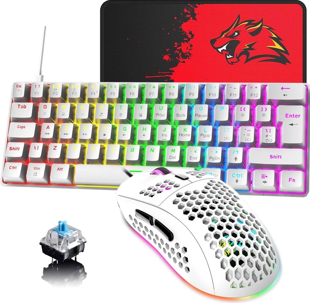60% UK-Layout Kabelgebundene Gaming-Tastatur und Maus: 62-Tasten Mini Kompakte Mechanische Tastatur, 19 Regenbogen- und 6400 DPI Leichte Gaming-Maus