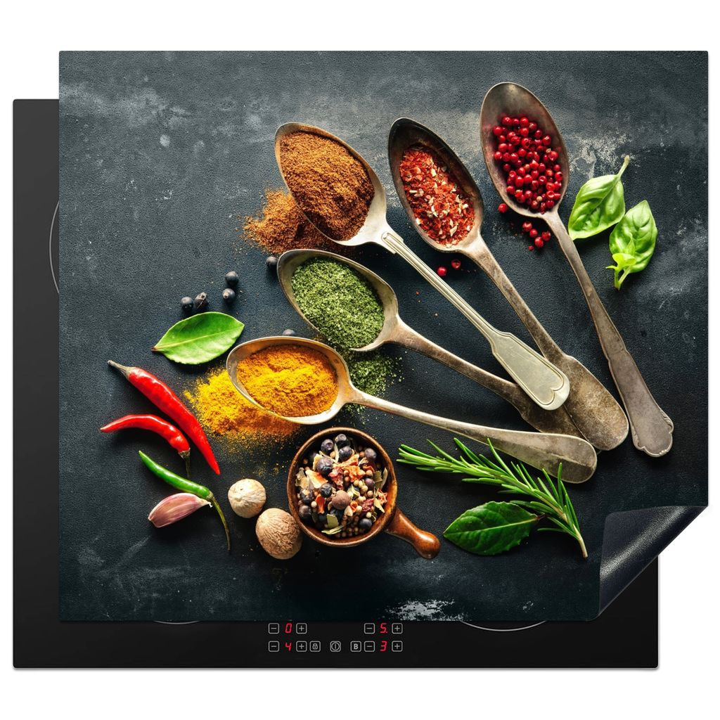 KitchenYeah Herdabdeckplatte Löffel - Kräuter - Beton , 60x52cm, Küche Deko, Glaskeramikkochfeld Herdabdeckung, Abdeckplatte fùr Kochfeld