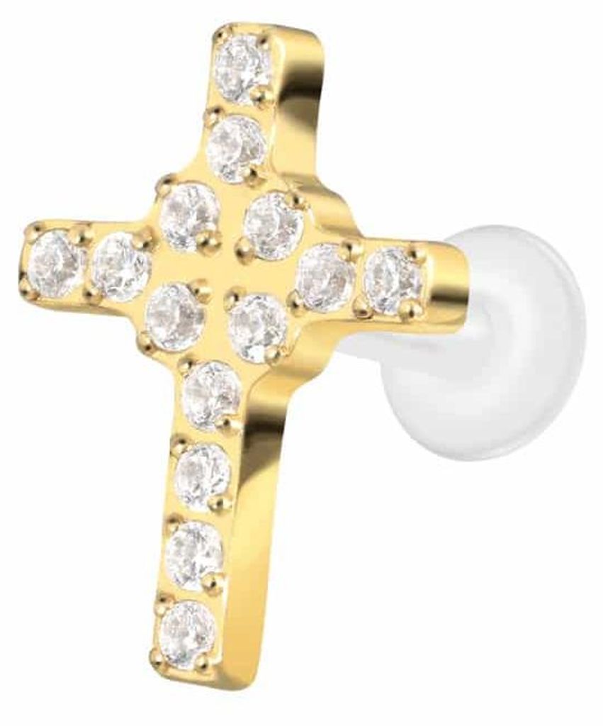 Ohrpiercing, Nasenpiercing PTFE Labret mit Innengewinde + Titan-Aufsatz KRISTALLKREUZ Gold Stablänge: 8mm | Stabstärke: 1,6mm