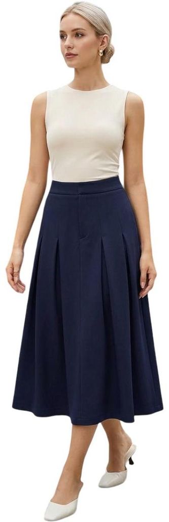 Elegant midi-rok met plooien en elastische tailleband. Productafbeelding 